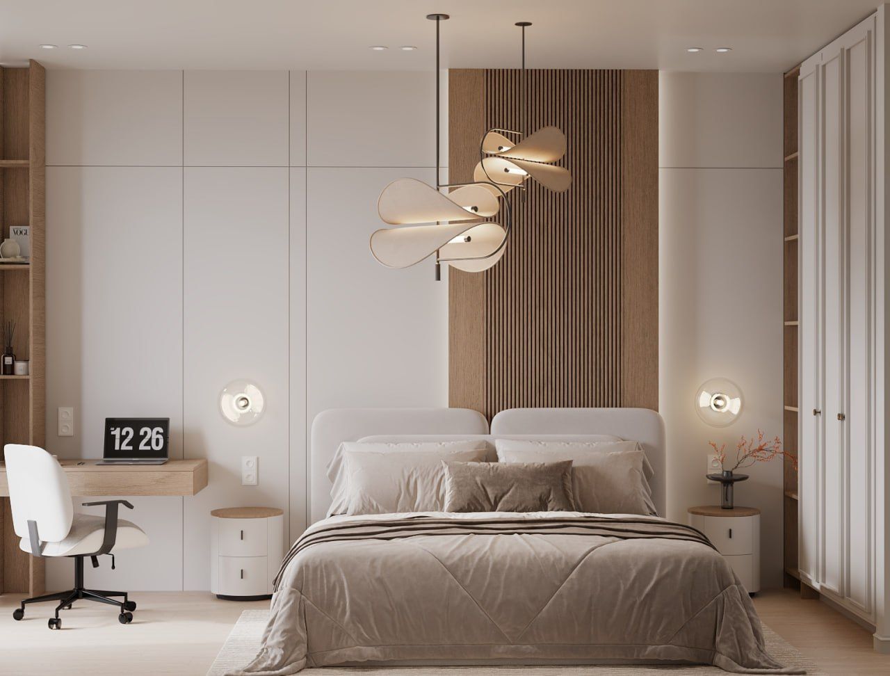 Bedroom — a vertical oak-slat headboard wall between white panelled walls, two pendants with curved shades, a desk by the window and a wardrobe at right.