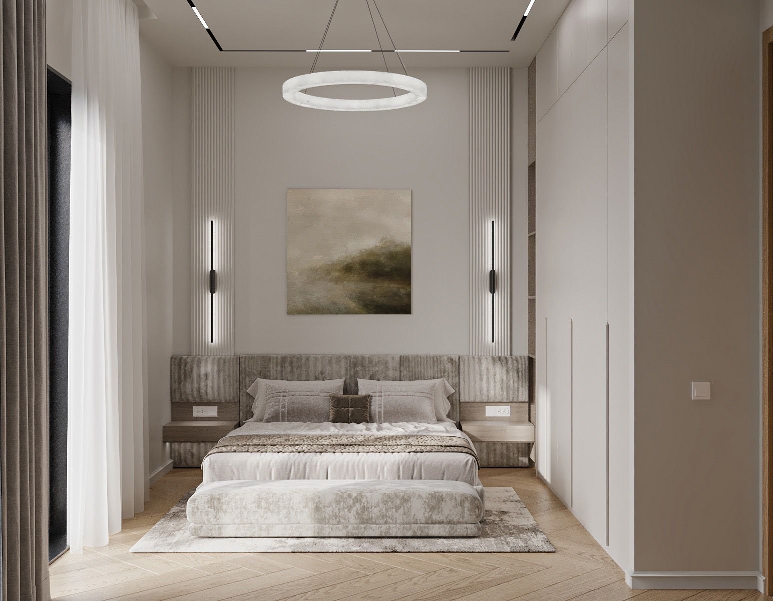 Bedroom in beige — a bed with a wide upholstered headboard between two fluted panels with slim wall lights, a square landscape painting above, a ring pendant and a bench at the foot of the bed.
