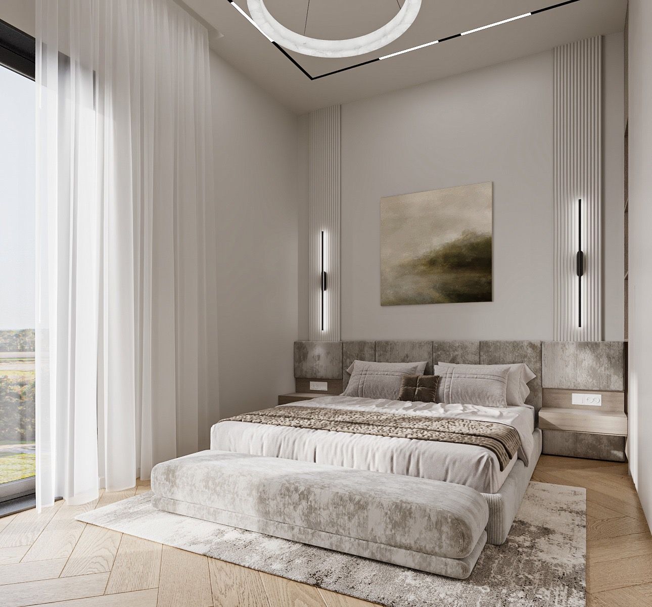 The beige bedroom from the door — sheer curtains at the tall window, the ring pendant, the painting and the bench on a pale rug.