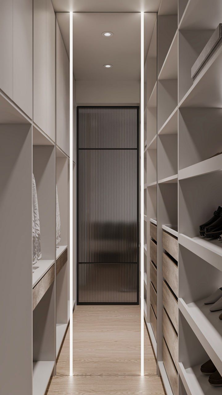 Dressing room — open shelving on both sides of a narrow corridor leading to a fluted-glass door, lit by vertical light lines.