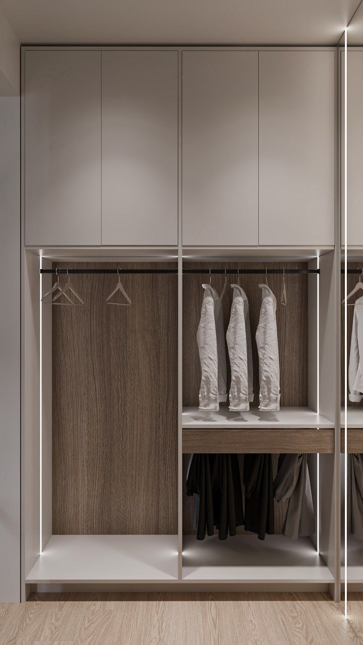 Dressing room — hanging rails and lit shelves against walnut-toned back panels.