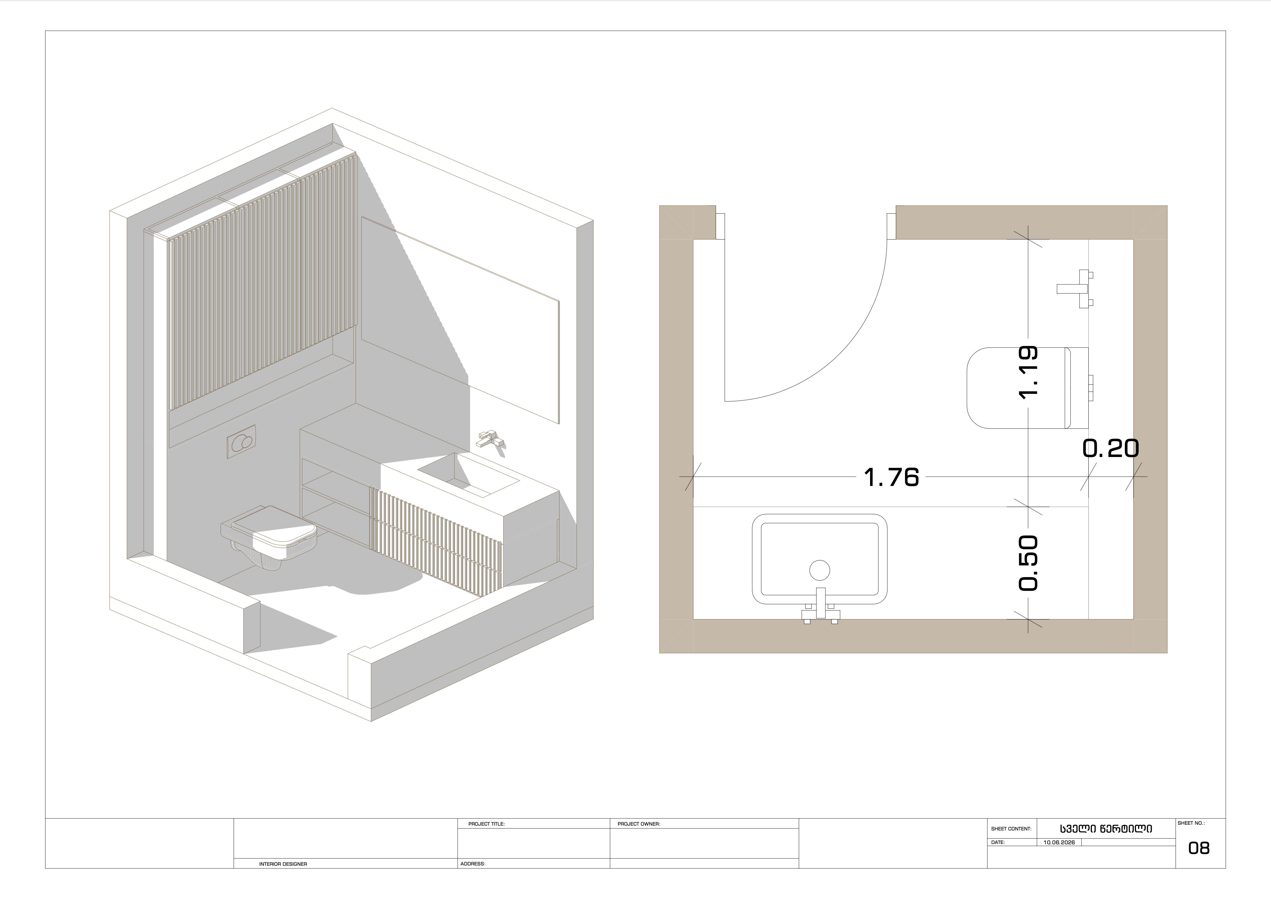 Drawing sheet: axonometric view of a bathroom with fluted wall panelling, a wall-hung WC and a fluted vanity, beside its dimensioned plan.