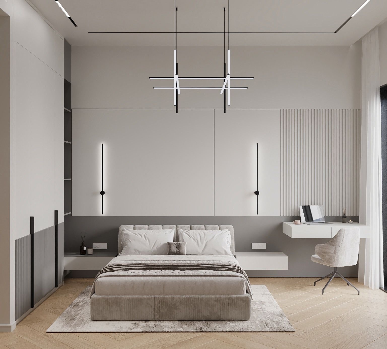 Bedroom in grey — a channel-stitched bed against a two-tone wall with slim wall lights, a floating desk by fluted panels, and a crossed linear pendant above.
