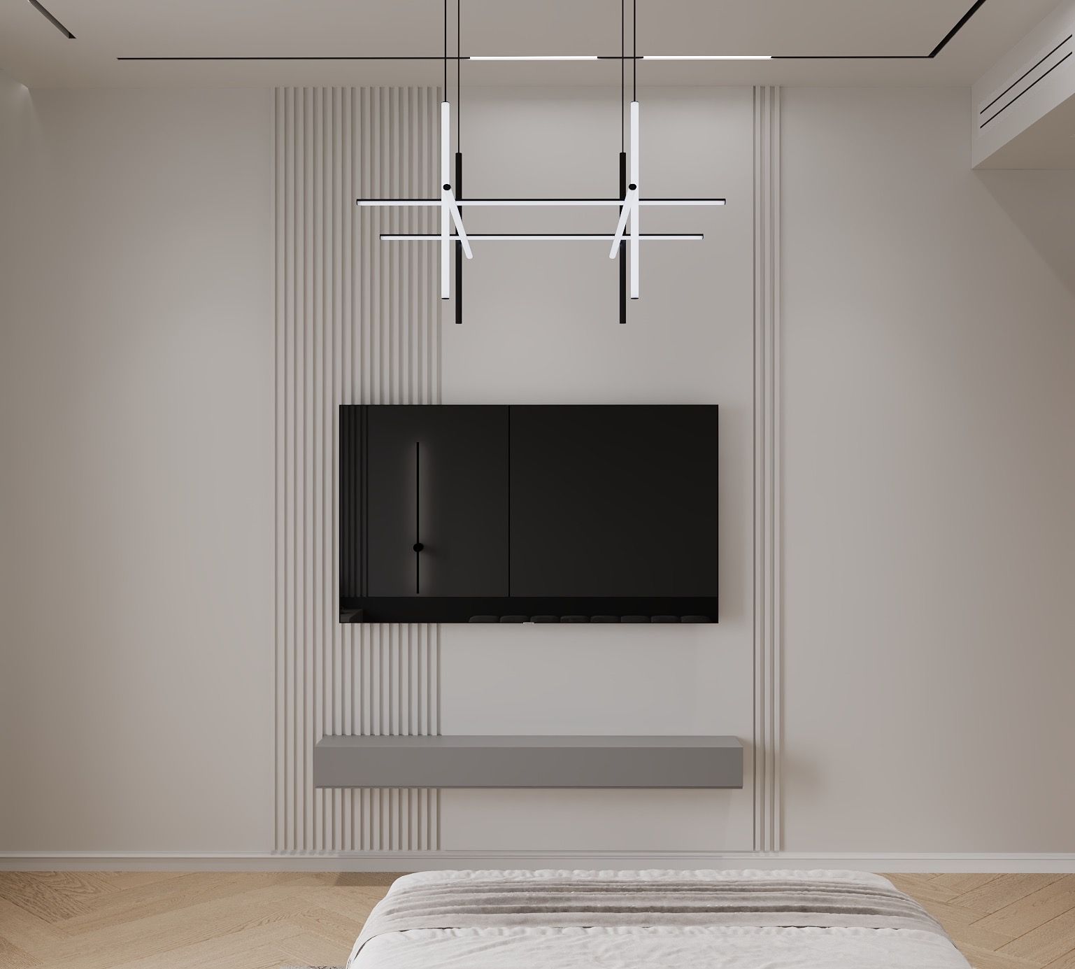 The wall facing the bed — a screen between two fluted panels, a grey floating console and the linear pendant.