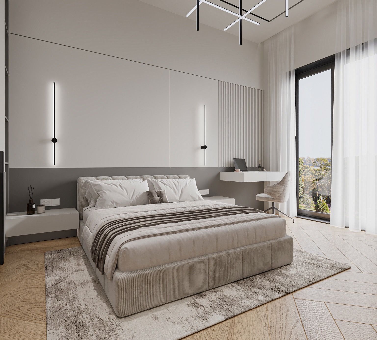 The grey bedroom toward the window — the desk and chair in daylight, sheer curtains, and the floating bedside shelf.