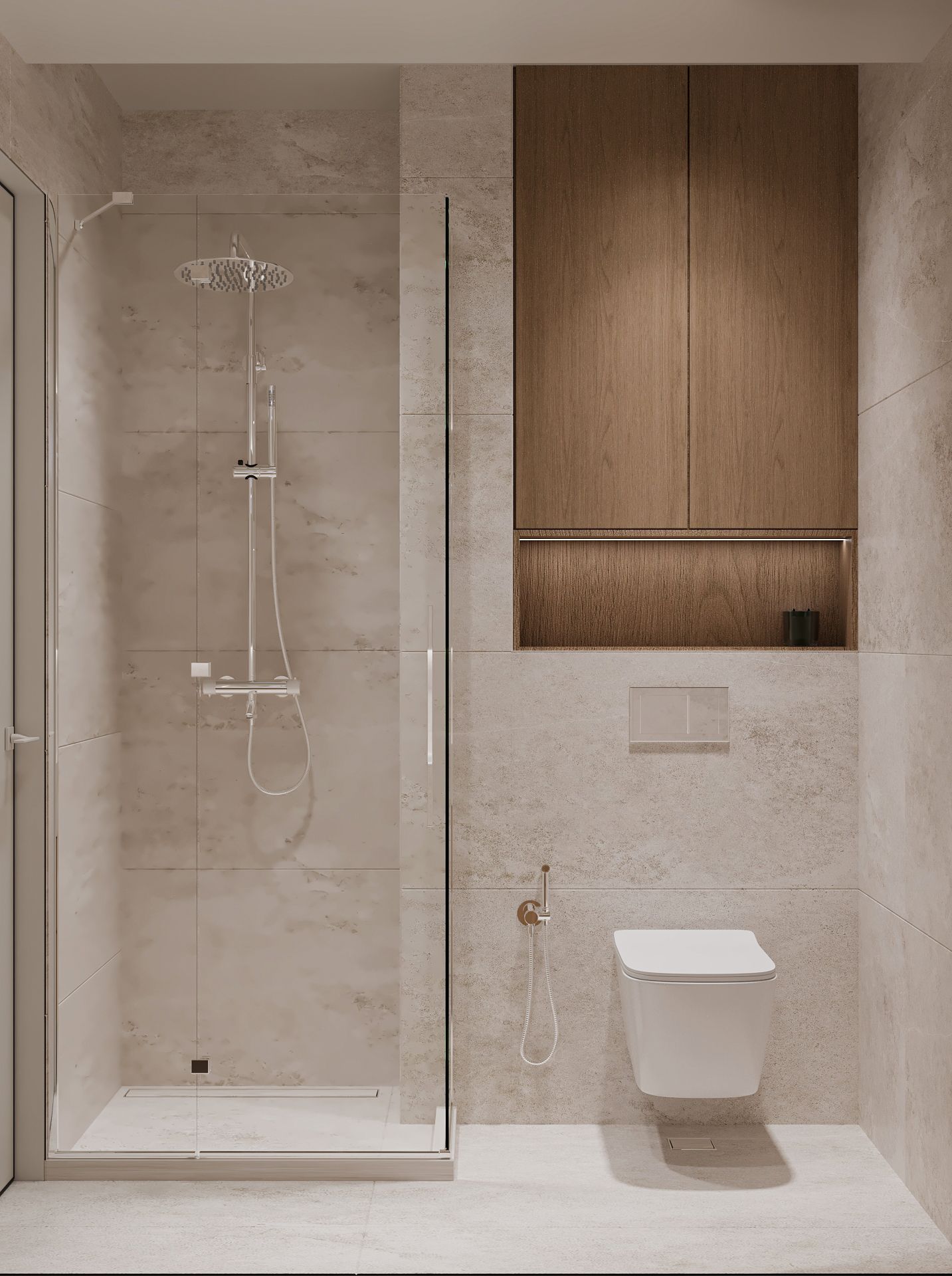 Guest bathroom — glass shower, wall-hung WC and oak wall cabinets with a lit niche.