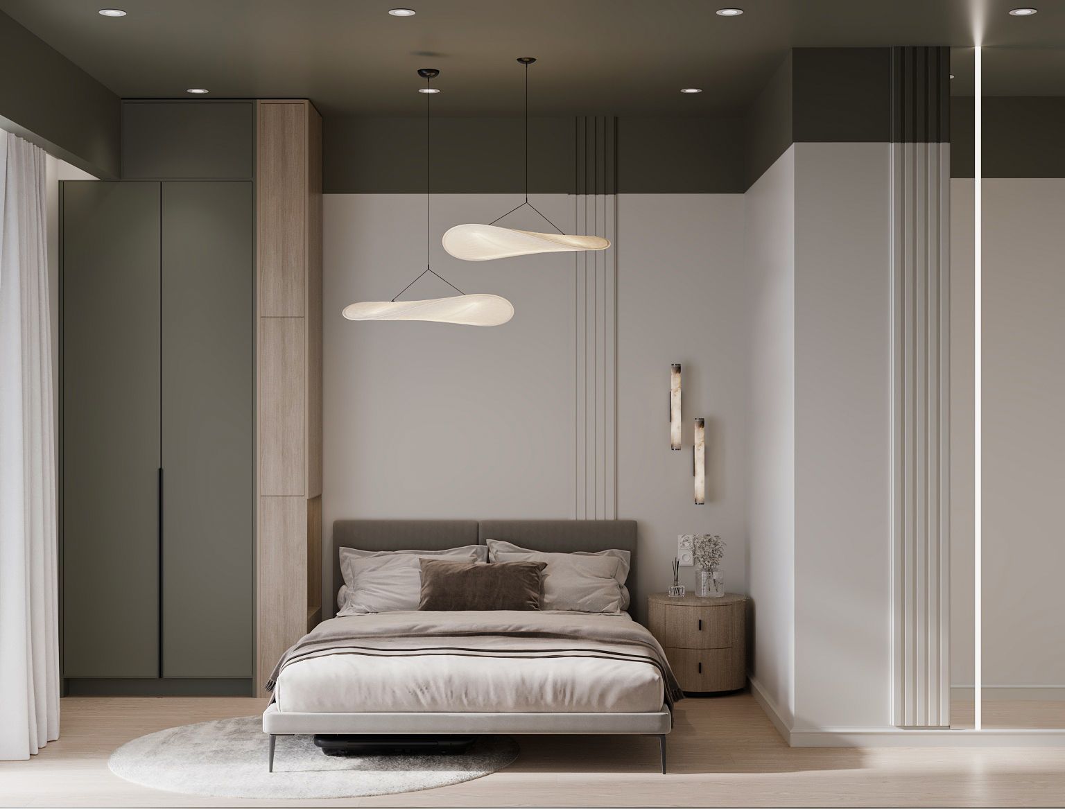 Guest room — a bed between an olive wardrobe and fluted panels, two pendants with soft curved shades, and an olive ceiling band.