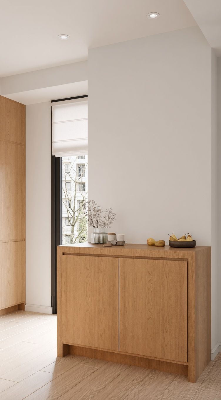 An oak sideboard under a window with a roman blind.