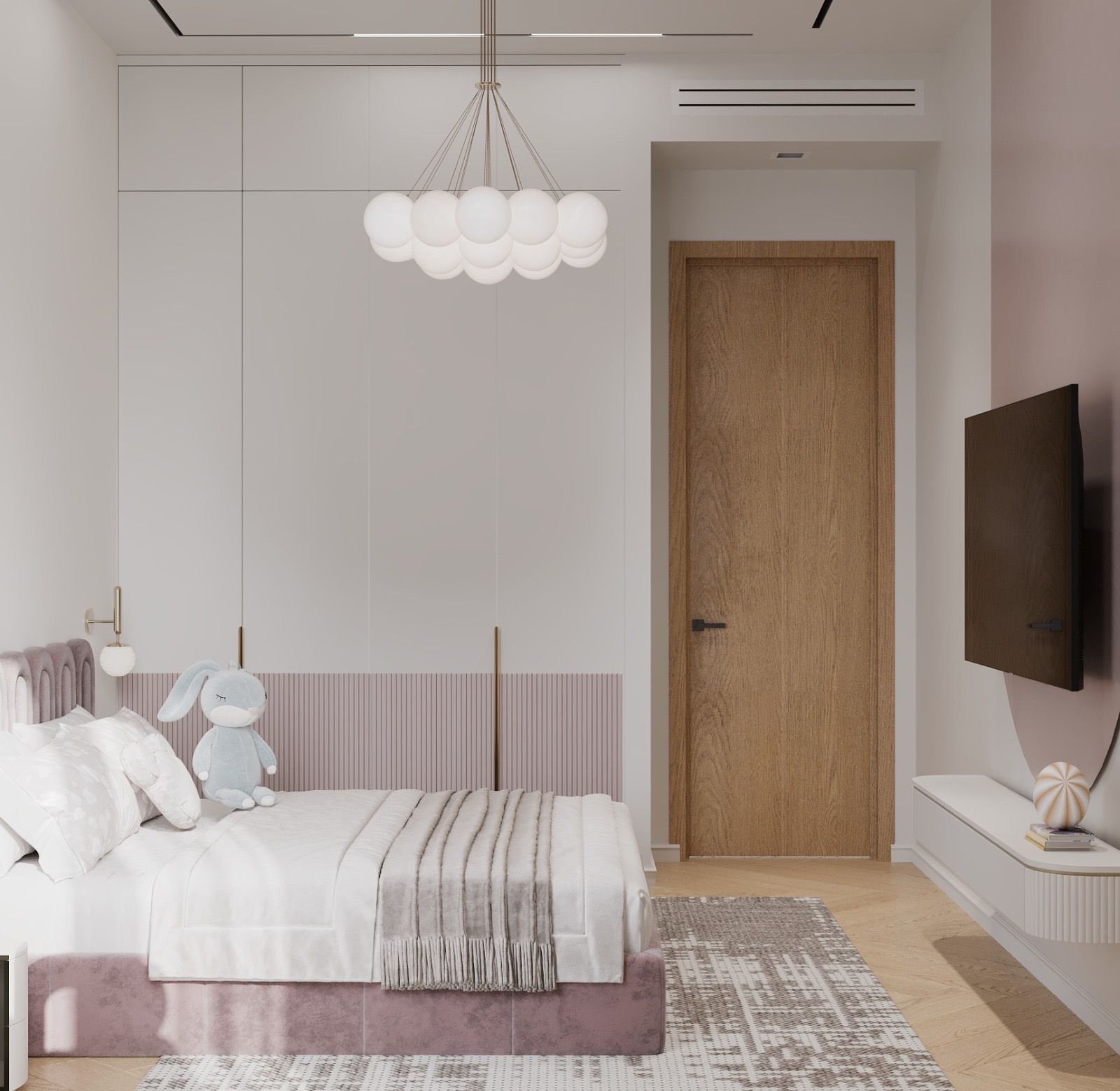 The rose bedroom toward the door — tall wardrobe doors with a ribbed lower band, the cluster pendant and a screen on the side wall.