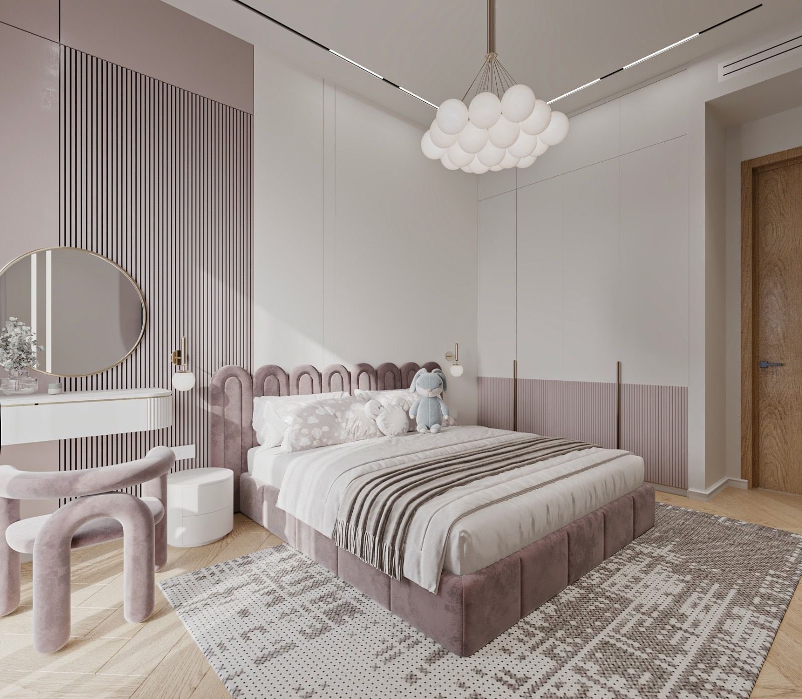 The rose bedroom from the window — the dressing table and mirror against slatted panelling, the bed and a timber door beyond.